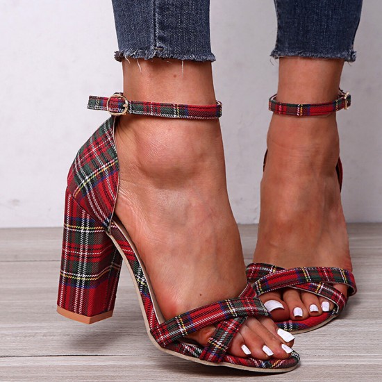 Women Plaid Cross Strap Lattice Decor Buckle High Heel Sandals