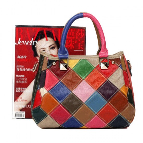 Women Patchwork Cowhide Colorful Handbag Tote Handbag Crossbody Bag