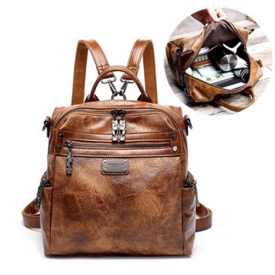 Women Vintage Oil Wax Multi-function Backpack Handbag