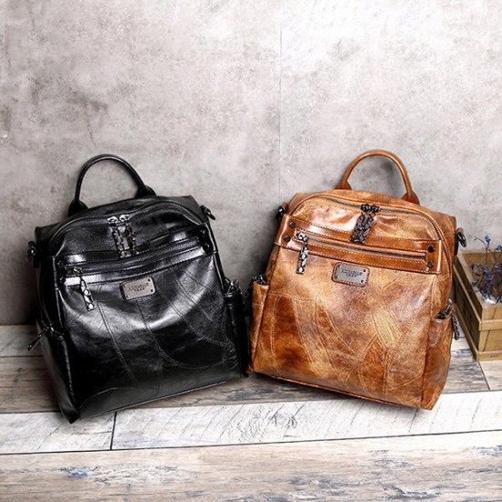 Women Vintage Oil Wax Multi-function Backpack Handbag