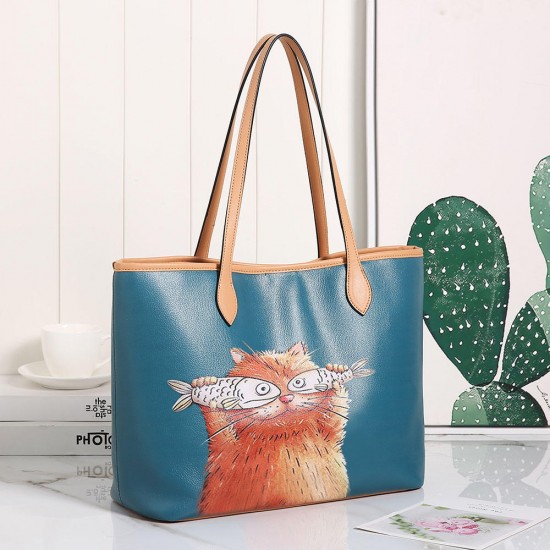 Women 2 PCS Cat Pattern Tote Large Capacity Shoulder Bag Handbag