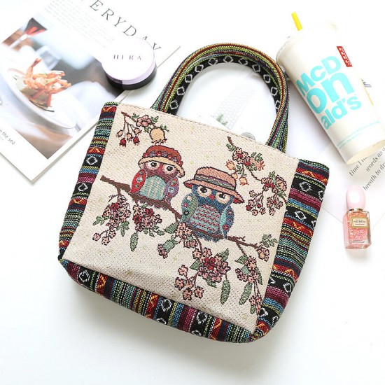 Women Colored Owl Floral Printed Pattern Patchwork Retro Large Capacity Tote Handbag