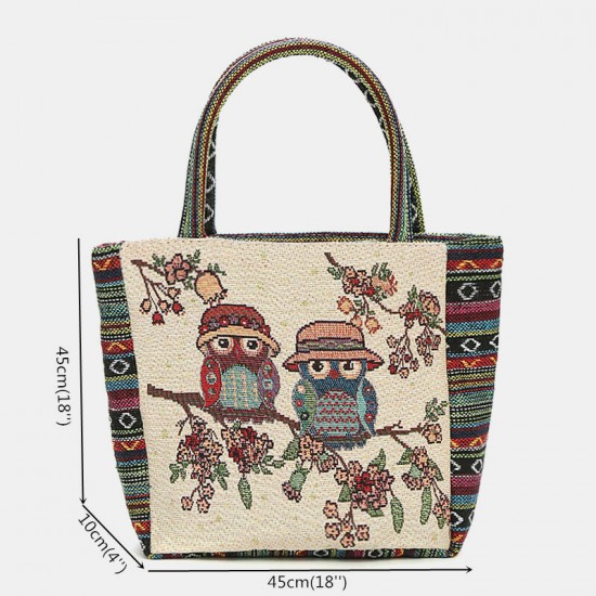 Women Colored Owl Floral Printed Pattern Patchwork Retro Large Capacity Tote Handbag