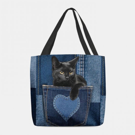 Women Felt Cute 3D Three-dimensional Black Cat Inside Jeans Pattern Shoulder Bag Handbag Tote