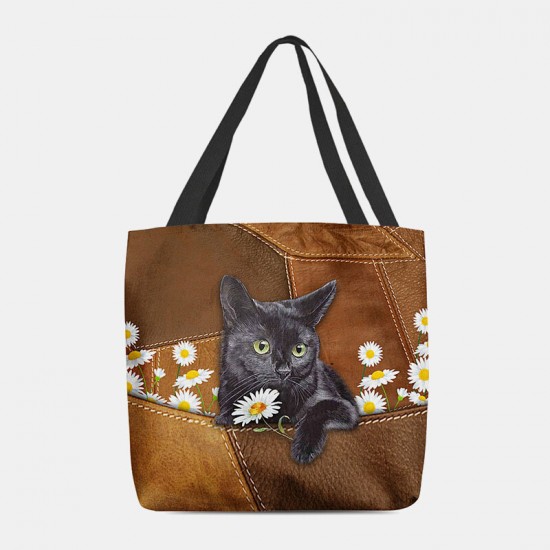 Women Felt Cute 3D Three-dimensional Black Cat Daisy Pattern Shoulder Bag Handbag Tote